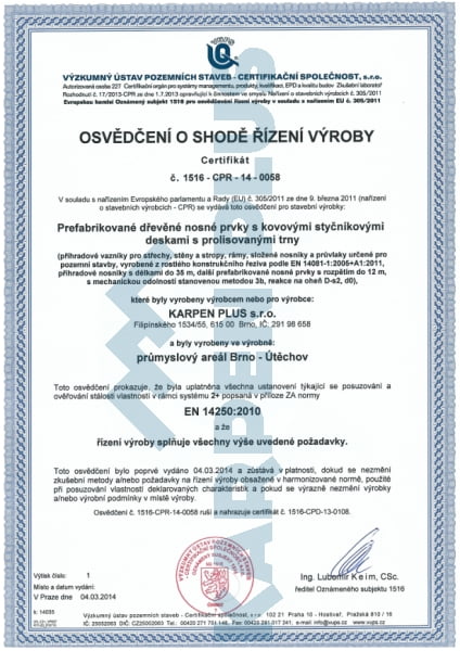 Osvědčení o shodě řízení výroby (dříve ES certifikát) firmy Karpen Plus s.r.o.