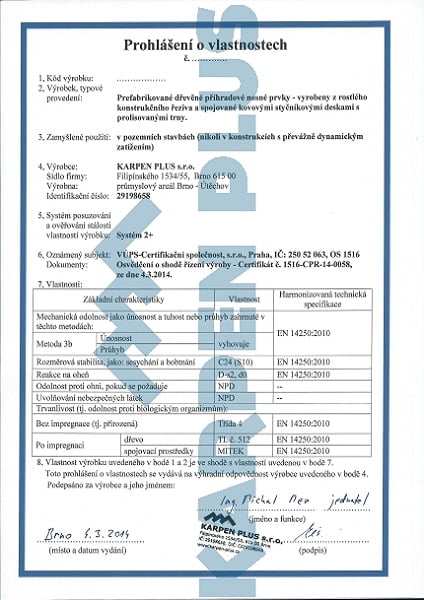Prohlášení o vlastnostech firmy KARPEN PLUS s.r.o.