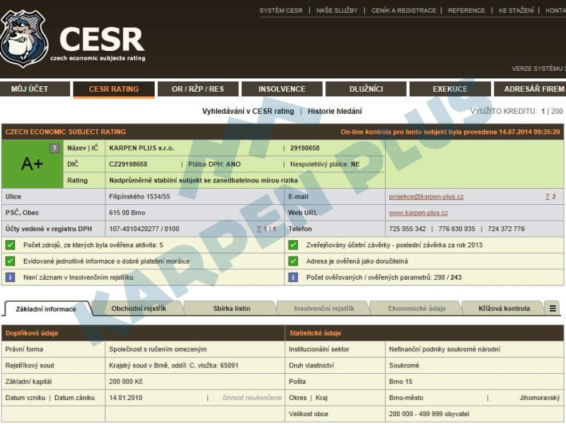 výpis ratingu českých ekonomických subjektů firmy karpen plus s.r.o.