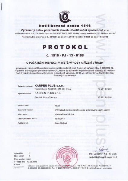 Protokol o inspekci firmy KARPEN PLUS s.r.o.